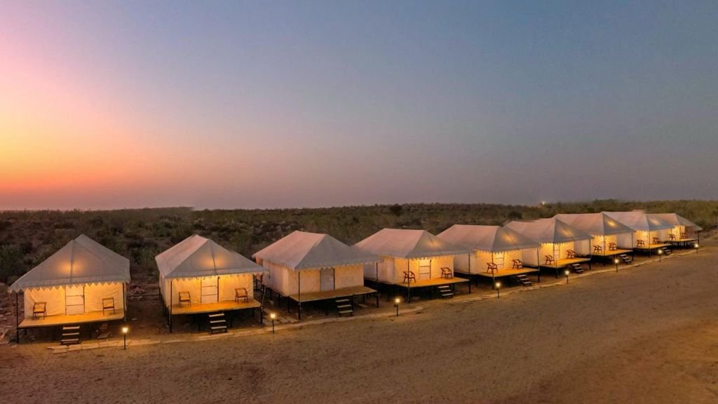 Row of desert tents at sunset in Jaisalmer
